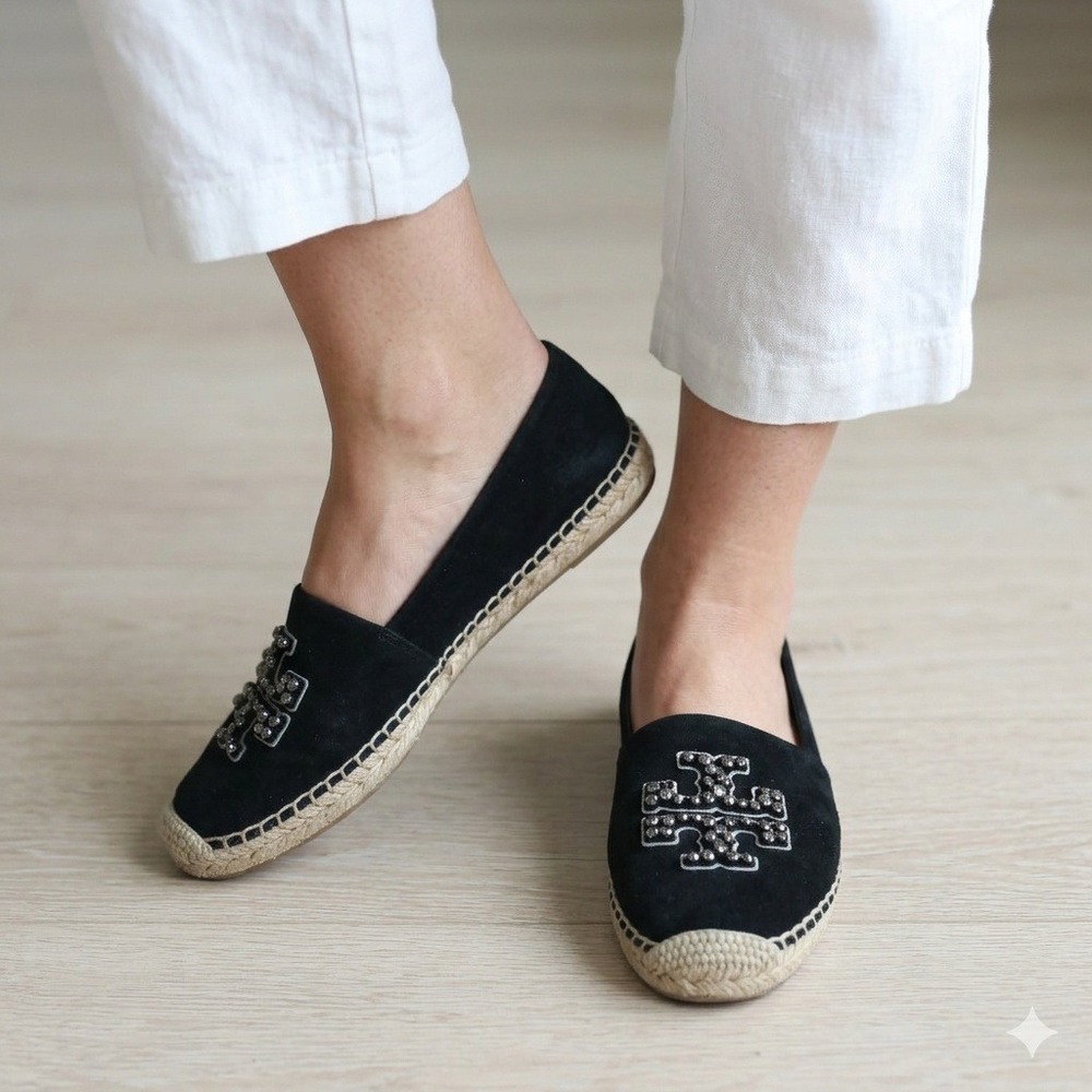 Tory Burch Embellished Jeweled Espadrille Flats Womens 11 Black Diamond‎ Suede